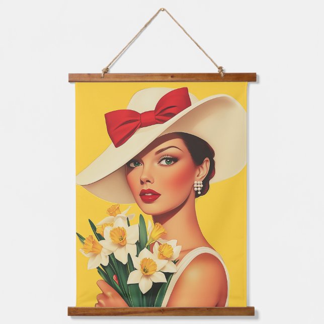 Elegante Frau mit Daffodien Wandteppich Mit Holzrahmen (Vorderseite)