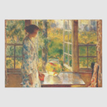 Elegante Frau mit Goldfish Bowl (Childe Hassam)