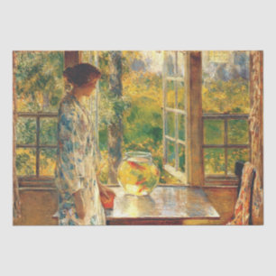 Elegante Frau mit Goldfish Bowl (Childe Hassam) Seidenpapier
