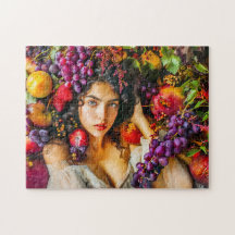 Elegante Frau mit Granatapfel Trauben und Blumen c