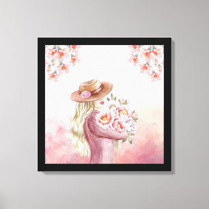 Elegante Frau mit Pfingstrosen Aquarell Kunst Druc Leinwanddruck