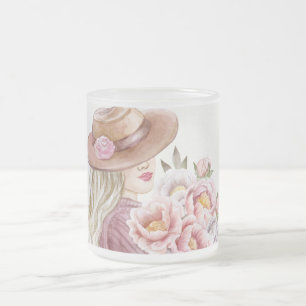 Elegante Frau mit Pfingstrosen Aquarell-Kunstposte Mattglastasse