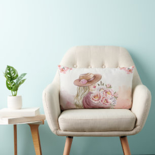 Elegante Frau mit Pfingstrosen Aquarell-Kunstprint Lendenkissen