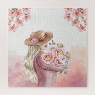 Elegante Frau mit Pfingstrosen-Wasserfarben-Kunstp Puzzle