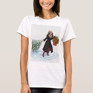Elegante Frau mit Santa-Hut zieht Weihnachtsbaum  T-Shirt