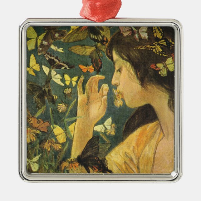 Elegante Frau mit schönen Schmetterlingen Ornament Aus Metall (Vorne)