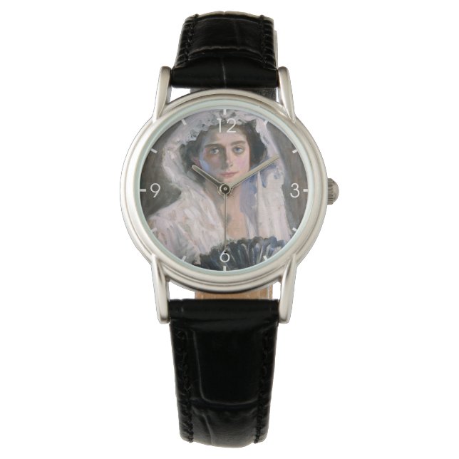 Elegante Frau mit schwarzem Fan (Fujishima Takeji) Armbanduhr (Vorderseite)