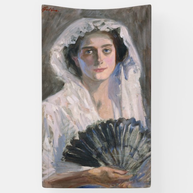Elegante Frau mit schwarzem Fan (Fujishima Takeji) Banner (Vertikal)