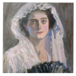 Elegante Frau mit schwarzem Fan (Fujishima Takeji) Fliese