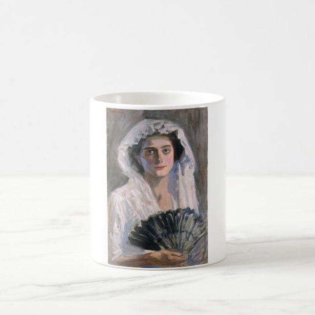 Elegante Frau mit schwarzem Fan (Fujishima Takeji) Kaffeetasse (Mittel)