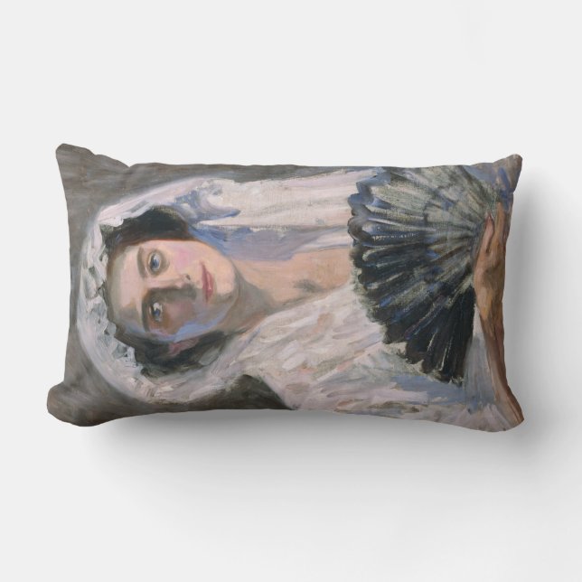 Elegante Frau mit schwarzem Fan (Fujishima Takeji) Lendenkissen (Vorderseite)