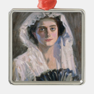 Elegante Frau mit schwarzem Fan (Fujishima Takeji) Ornament Aus Metall