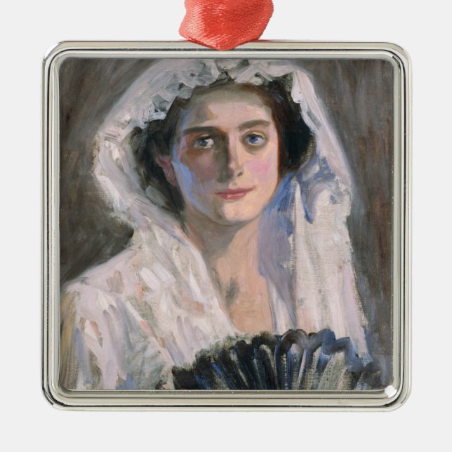 Elegante Frau mit schwarzem Fan (Fujishima Takeji) Ornament Aus Metall (Vorne)