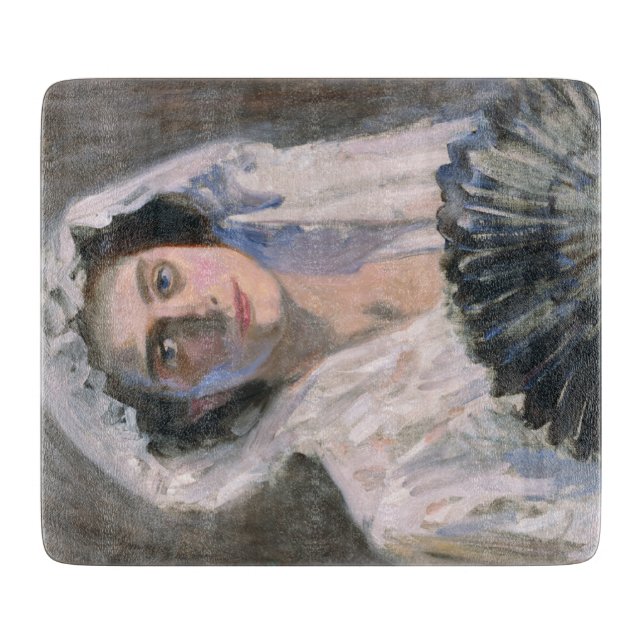 Elegante Frau mit schwarzem Fan (Fujishima Takeji) Schneidebrett (Vorderseite)