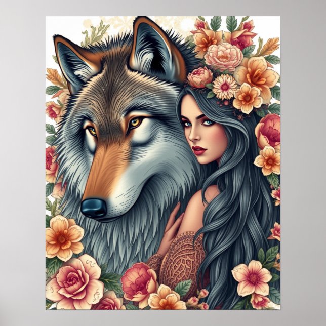 Elegante Frau mit Wolf und Blumen Poster (Vorne)