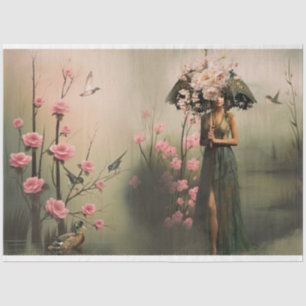 Elegante Frau, Nebelsee-Vogel und Blumenporträt Seidenpapier