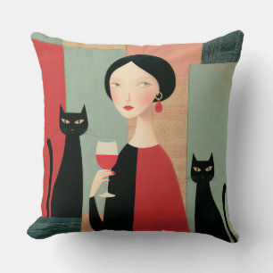 Elegante Frau schwarze Katzen und Wein Kissen