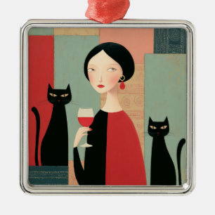 Elegante Frau schwarze Katzen und Wein Ornament Aus Metall
