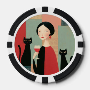 Elegante Frau schwarze Katzen und Wein Pokerchips