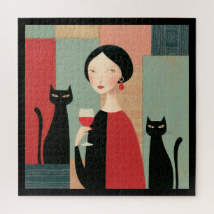 Elegante Frau schwarze Katzen und Wein Puzzle
