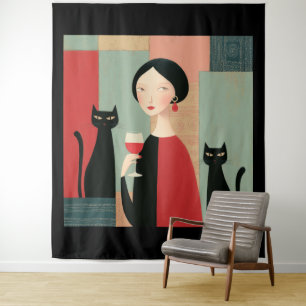 Elegante Frau schwarze Katzen und Wein Wandteppich