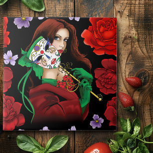 Elegante Frau Venezianische Maske Rot Grün Fliese