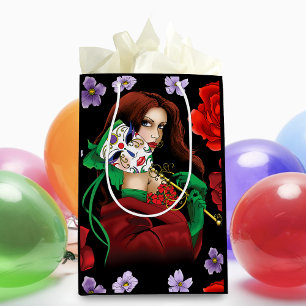 Elegante Frau Venezianische Maske Rot Grün Mittlere Geschenktüte