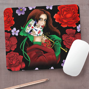 Elegante Frau Venezianische Maske Rot Grün Mousepad