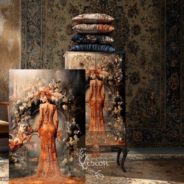 Elegante Frauen, Schüssel und Blumenstrauß, Portra Seidenpapier (Rustic Owl, Elegant Woman, Burnt Orange, Dusty Floral Archway, Fall Palette, Decoupage Tissue Paper)