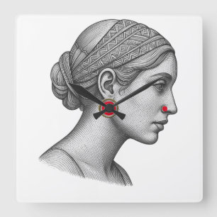 Elegante Frauenporträt-Uhr mit roter Akzentwand Quadratische Wanduhr