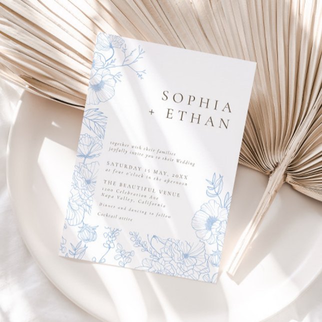 Elegante French Blue Floral Line Einladung (Von Creator hochgeladen)