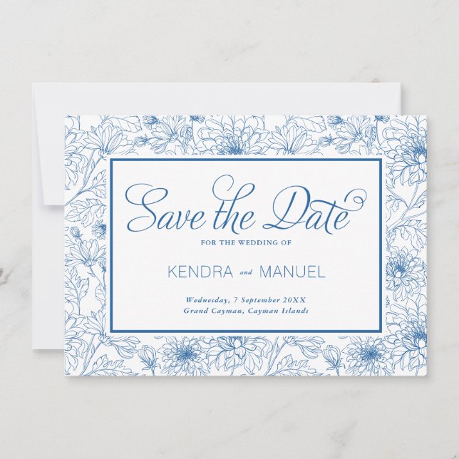 Elegante French Blue Floral Toile Hochzeit Save The Date (Vorderseite)
