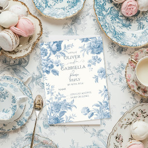 Elegante French Toile Blue Floral Wedding RSPV Einladungspostkarte