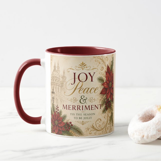 Elegante Freude Frieden & Frohsinn Weihnachtskaffe Tasse (Mit Donut)