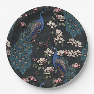 Elegante Friedens- und Magnolia-Blume Schwarz Pappteller