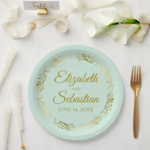 Elegante Frilly Border Mint Green & Gold Wedding Pappteller