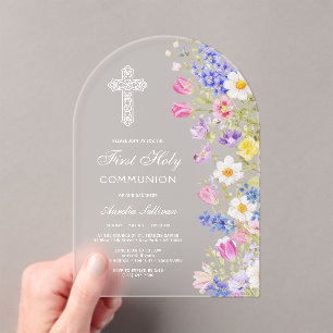 Elegante frische Wiesenblumen Arkade Erstkommunion Acryleinladungen