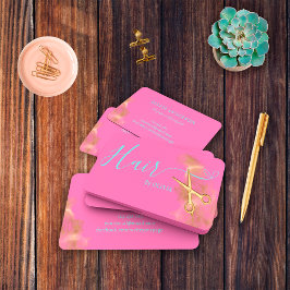 Elegante Friseursalon Gold Scissors Blue Hot Pink Visitenkarte