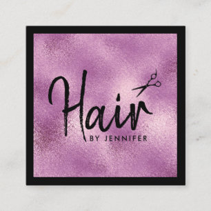 Elegante Friseursalon mit lila-schwarzer Schere Quadratische Visitenkarte