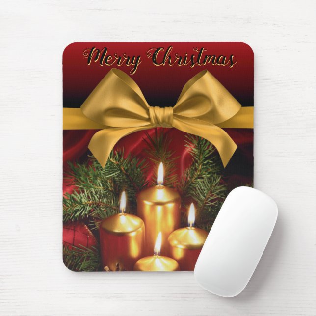 Elegante "Frohe Weihnachten" Gold Bow and Candles Mousepad (Mit Mouse)