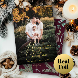 Elegante Frohe Weihnachten Modernes Foto Pine Cone Folien Feiertagskarte