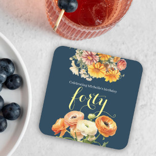 Elegante fröhliche Floral 40. Geburtstagsfeier Rechteckiger Pappuntersetzer