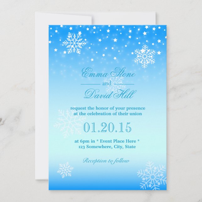 Elegante Frozen Winter Snowflakes Blue Wedding Einladung (Vorderseite)