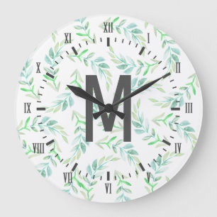 Elegante Frühlings-Grün-Aquarell-Lorbeer u. Grau Große Wanduhr