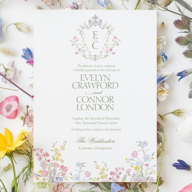 Elegante Frühlings- und Sommerwildblumen-Wappen-Ho Einladung (Elegant Spring Summer Wildflowers Crest Wedding Invitation)