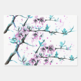 Elegante Frühlingsblossom Rosa Wasserfarben Kunst Geschenkpapier Set