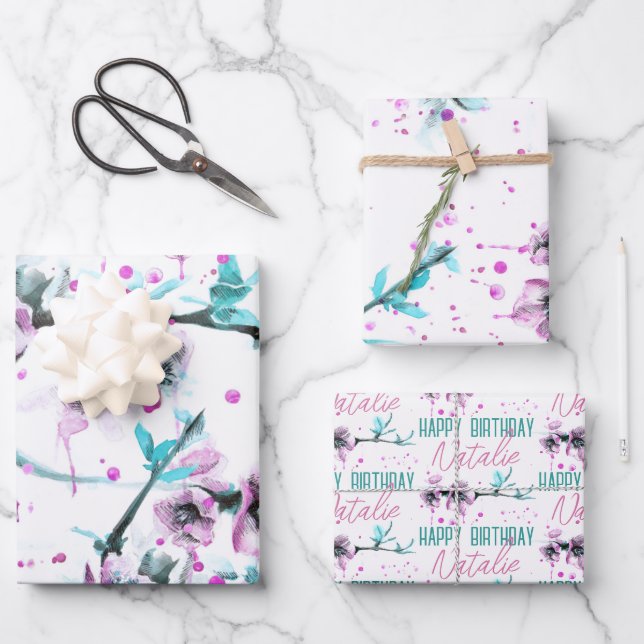 Elegante Frühlingsblossom Rosa Wasserfarben Kunst Geschenkpapier Set (Vorderseite)