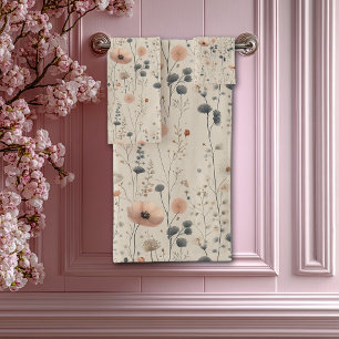 Elegante Frühlingsblumen Rosa Grau Badhandtuch Set