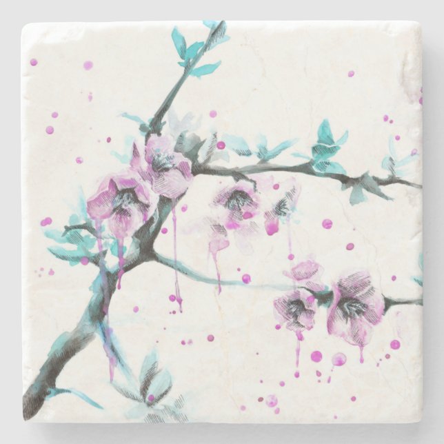 Elegante Frühlingsblüte Rosa Blüte Wasserfarben Ku Steinuntersetzer (Vorderseite)