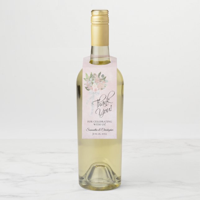Elegante Frühlingsblütenpink Wasserfarbenhochzeit Flaschenanhänger (Auf Flasche)